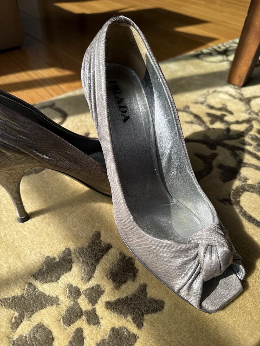 Prada Silver Metallic Peep Toe Knot Pumps